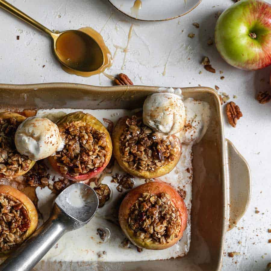 Baked Apples with Ice Cream in Baking Pan